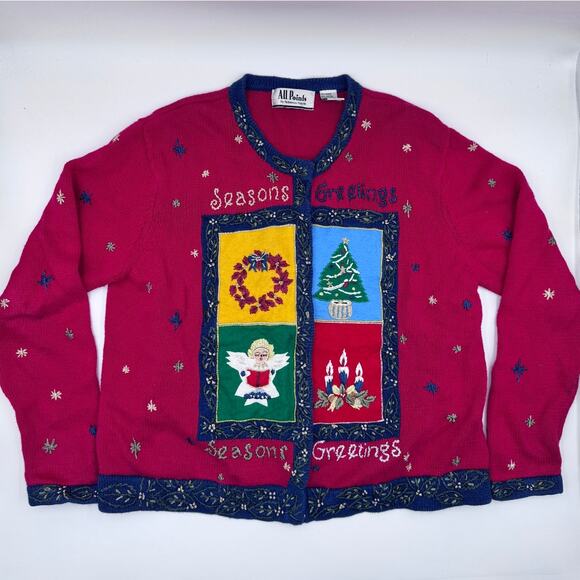 Christmas Vintage Womens Chunky Seasons Greetings Cardigan Knitted Large - Picture 2 of 4